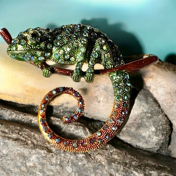 Beautiful lg metal chameleon brooch/pin w rhinestones statement piece sparkly - Picture 4 of 8